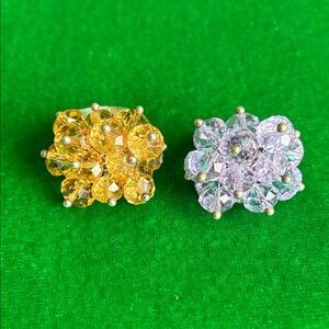 Lilac & yellow acrylic cluster beads adjustable size flower rings in silvertone